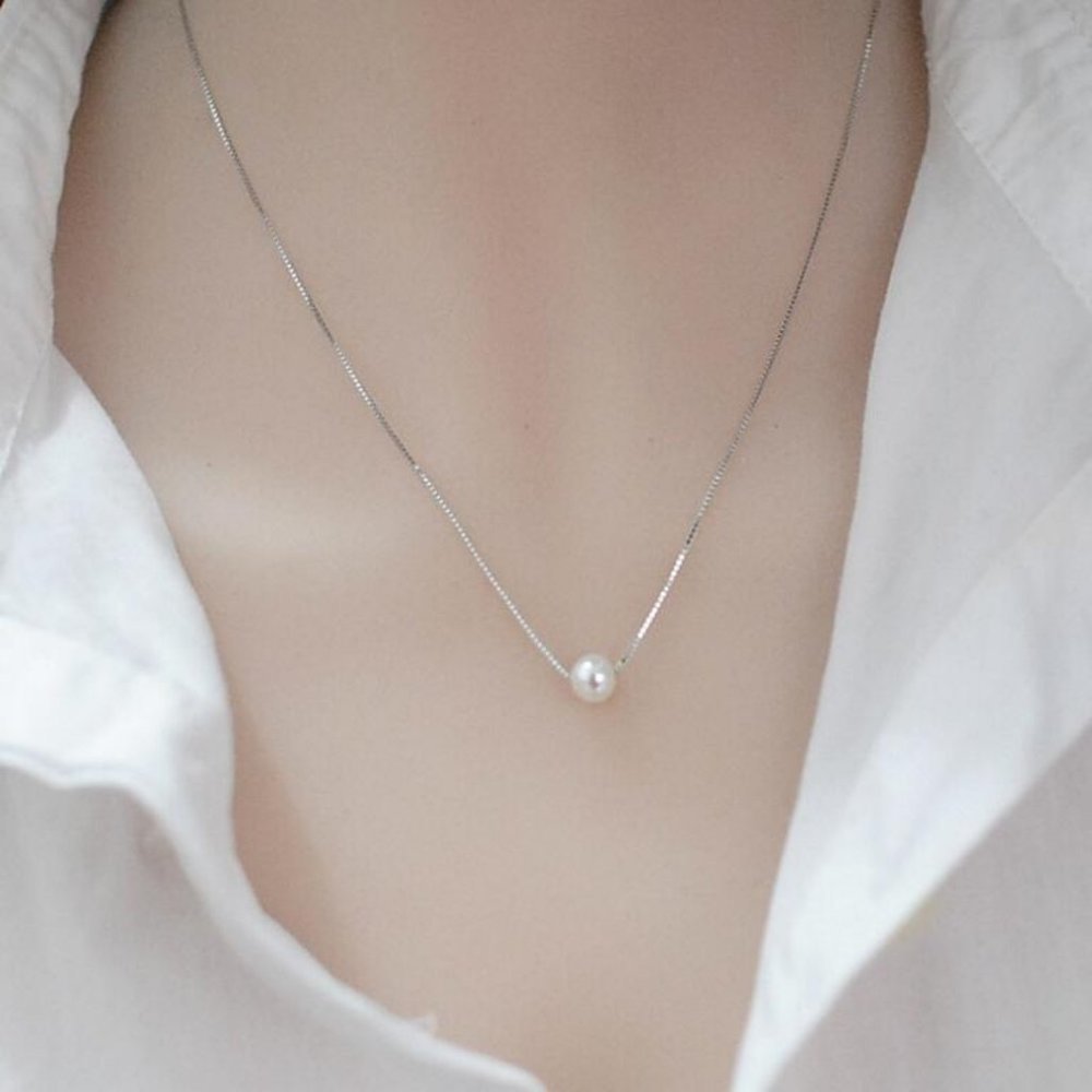 NEW 925 Sterling Silver Simple Pearl Necklace - Picture 2 of 8